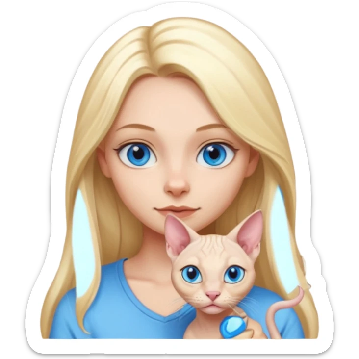 blonde girl with long hair and blue eyes and a sphynx cat sitting together, emoji style sticker