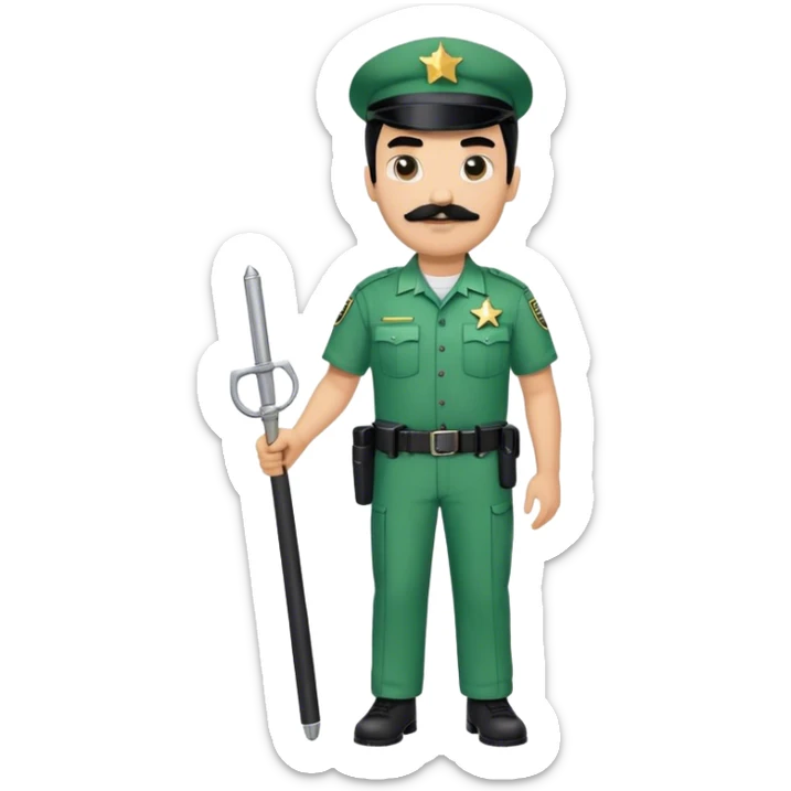 Chill guy in correctional officer green uniform. Full body. Black hair black mustache.  Light brown skin tone. Star badge. With duty belt and baton. sticker