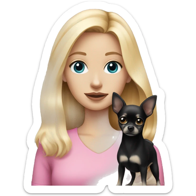 White girl with blonde hair and blue eyes wearing a pink shirt holding a black long hair chihuahua sticker