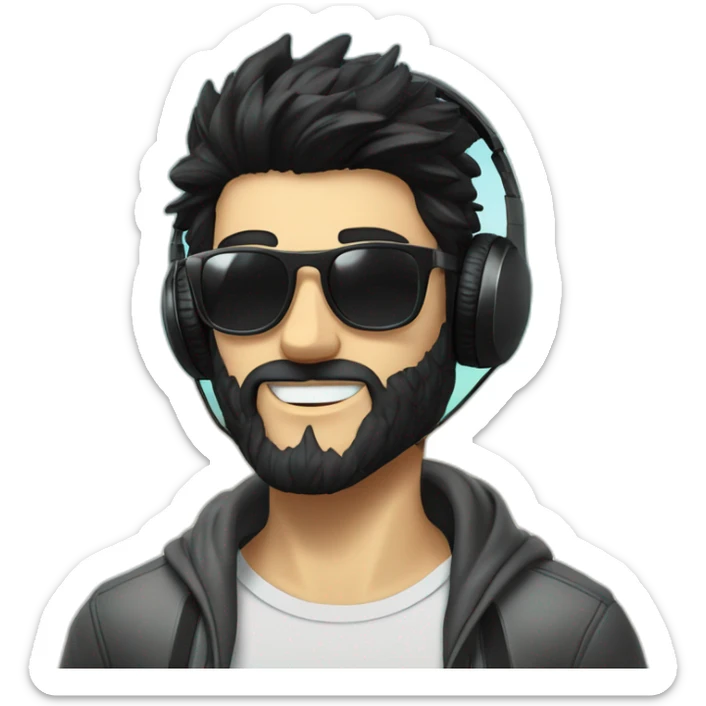 A stylish boy wearing headphones and sun glasses and in background music waves black hair black beard new trending look white skin colour like a hero sticker