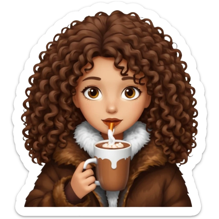 tanned girl with long brown curly hair, drinking hot chocolate , wearing oversized fur jacket sticker