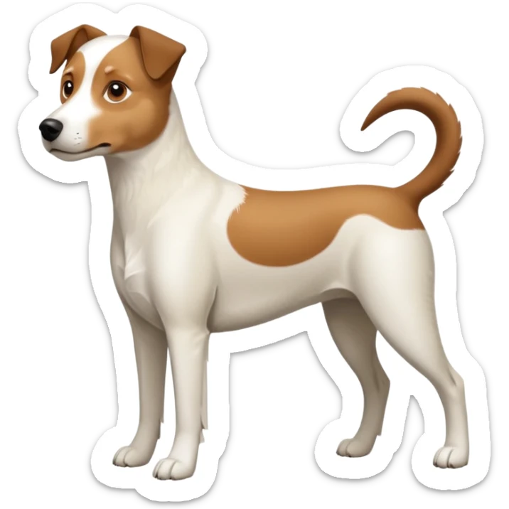 a full body large white parson russell looking dog the size of a kelpie with light brown flapped down ears and a light brown patch on one eye and a large snout sticker