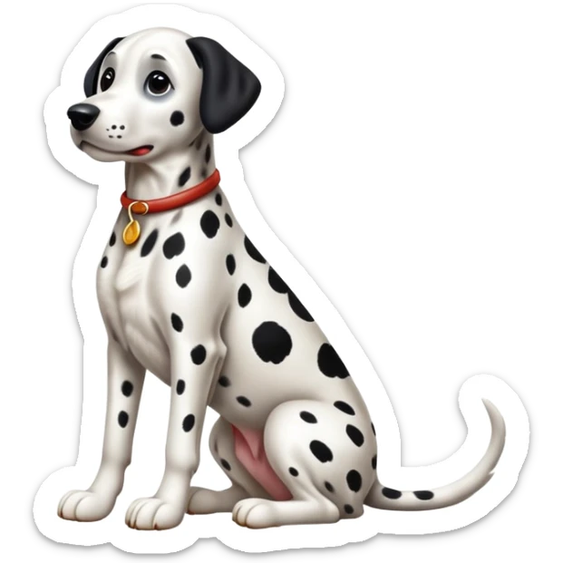 cinematic-[dalmatian dog]-realistic-full-body-sitting-emoji,-tail-resting-loosely-beside-its-paws,-head-tilted-dramatically,-sleek-[spotted]-fur,-simplified-yet-realistic-focused-features,-highly-detailed,-glowing-with-an-almost-sarcastic-glow sticker