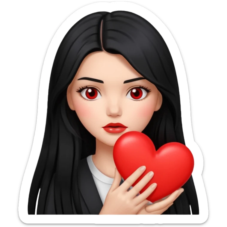 A Kendall Jenner with long black hair is sad and holds a red heart in her hands sticker