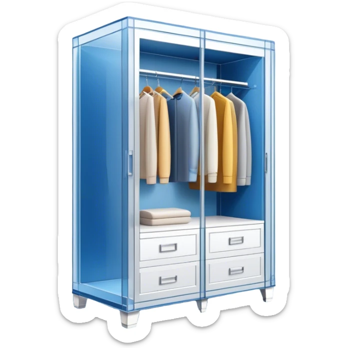Icon for Furniture Design: a semi-transparent 3D wardrobe on top of a blueprint, with design metrics and measurements around it. The icon should represent the design and development process of furniture. Transparent background. sticker