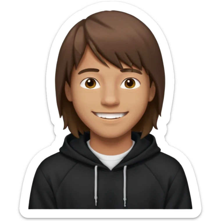 20 yr old man, brown hair, straight, big smile, white teeth, tanned skin, bangs, black hooded sweatshirt, long hair in back, middle parted bangs sticker