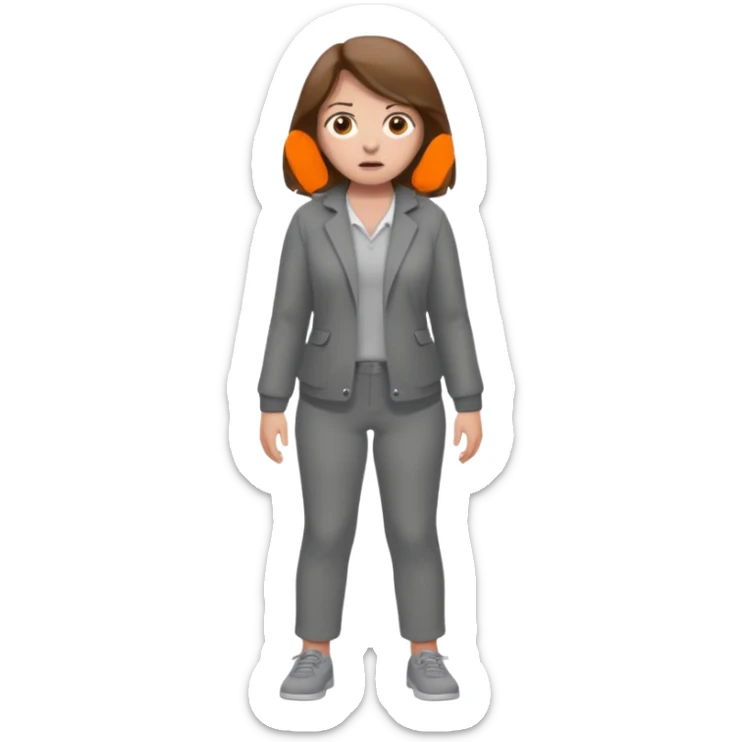 Chica grande  asustada de cuerpo completo con pelo castaño pantalones grises y saco gris  sticker