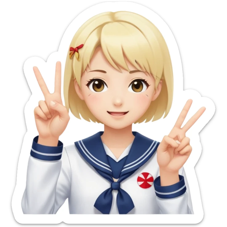 Energetic anime girl with short blonde hair wearing Japanese sailor style school uniform, winking and making double peace signs, very cheerful and bubbly, kawaii style sticker