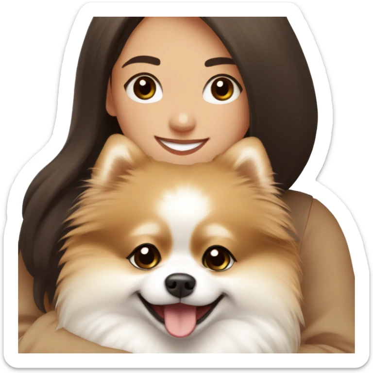 beige and white Pomeranian in the hands of a white young woman with dark brown hair smiling and cuddling the dog  sticker