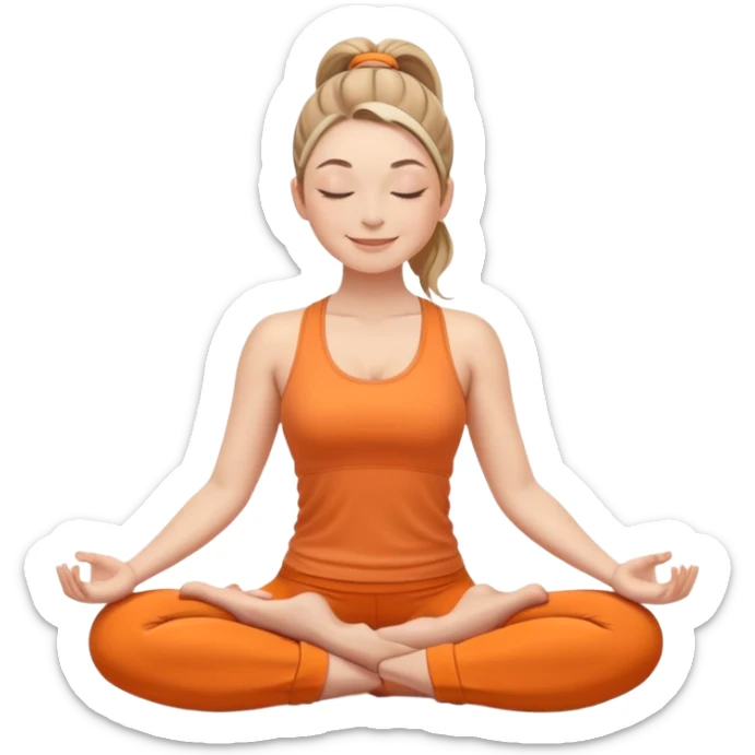 white woman with ponytail hairstyle, sitting in lotus position, eyes closed with a subtle happy smile, wearing orange yoga outfit sticker