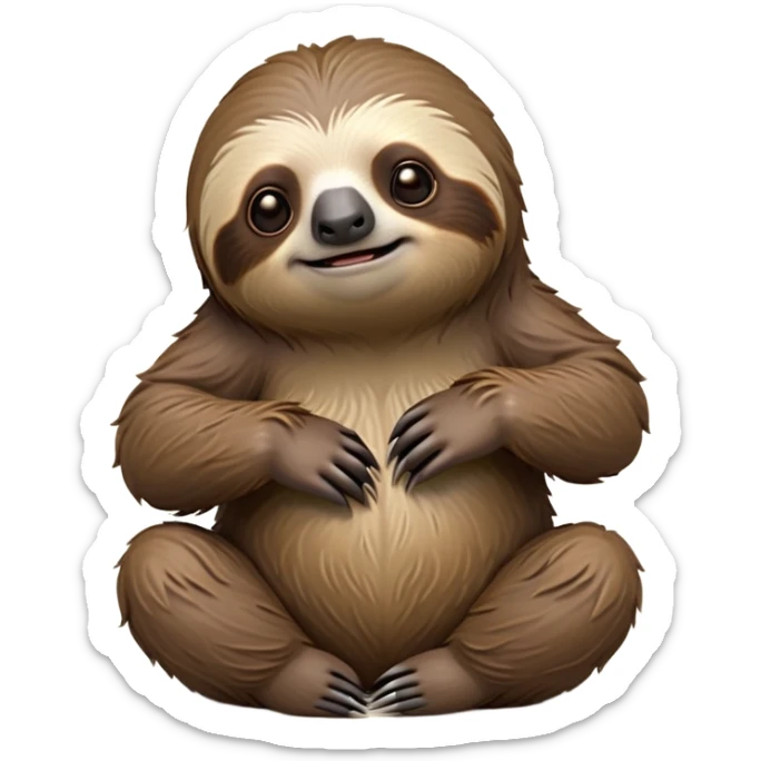 cinematic-sloth-realistic-full-body-sitting-emoji,-long-curved-claws-clinging,-thick-shaggy-brown-fur-slightly-ruffled,-head-tilted-dramatically,-slow-blinking-eyes-filled-with-serene-wisdom,-simplified-yet-realistic-focused-features,-highly-detailed,-glowing-with-an-almost-sarcastic-glow sticker