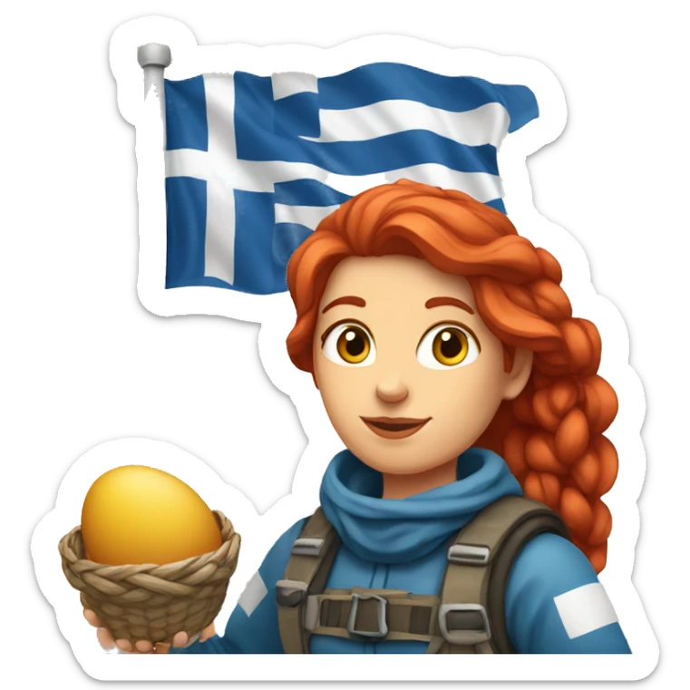 female winter mountaineer red hair holding easter egg and greek flag  sticker