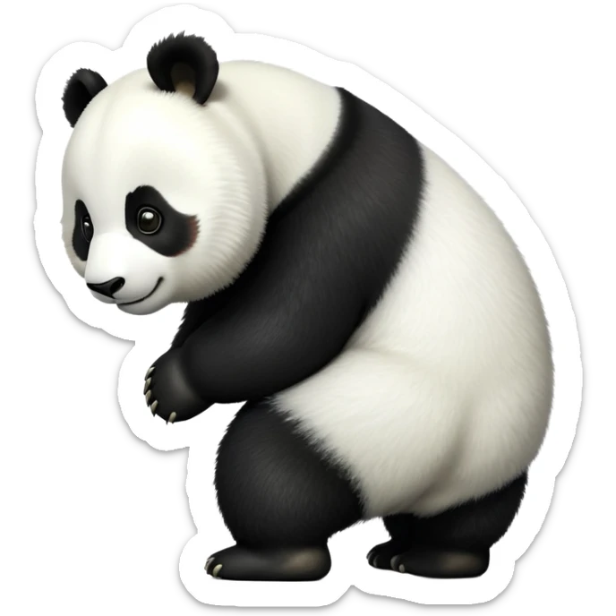 cinematic-[panda bear]-realistic-full-body-standing on all fours-emoji,-tail-tucked-close,-head-tilted-dramatically,-thick-[black and white]-fur,-simplified-yet-realistic-focused-features,-highly-detailed,-glowing-with-an-almost-sarcastic-glow sticker