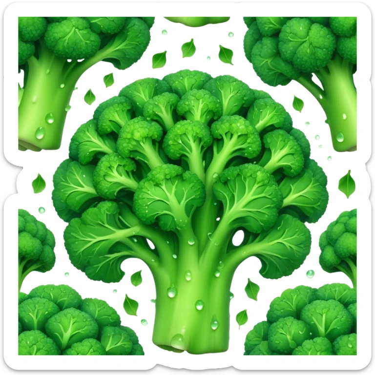 Cinematic lush green broccoli, detailed florets glistening with dewdrops, ultra-fresh and vibrant, soft glowing background, healthy and delicious. sticker