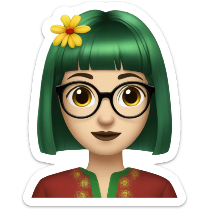 White skinny girl in a green kurta with flower design, glasses, alot of piercing, gay, red lips, nose ring, full body, short straight black edgar hair, black straight hair, front bangs sticker
