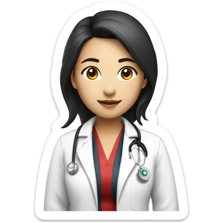 a young asian female doctor with a white coat and stethoscope around her neck with black and red highlighted hair of shoulder length full body sticker