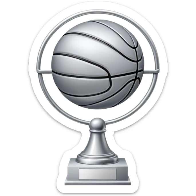 gleaming silver basketball trophy, polished silver basketball with classic seams sticker