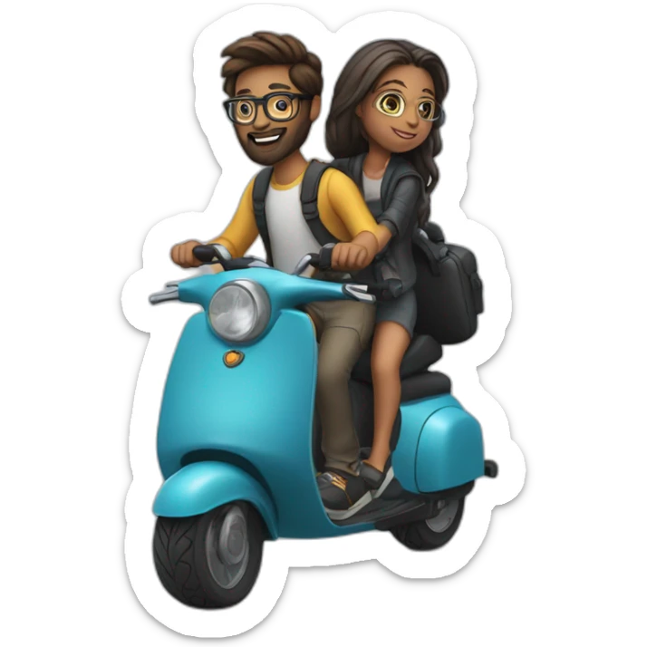 boy with long hair in a bun, beard, and glasses, riding a black scooter with a girl on the back sticker