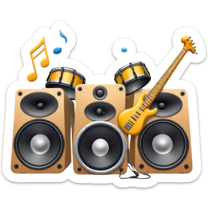 Icon for R&B Music Listening: large concert speakers and headphones with waves of musical notes coming out, along with drums, bass guitar and saxophone. The icon should convey the energetic and rhythmic vibe of R&B music. Transparent background sticker