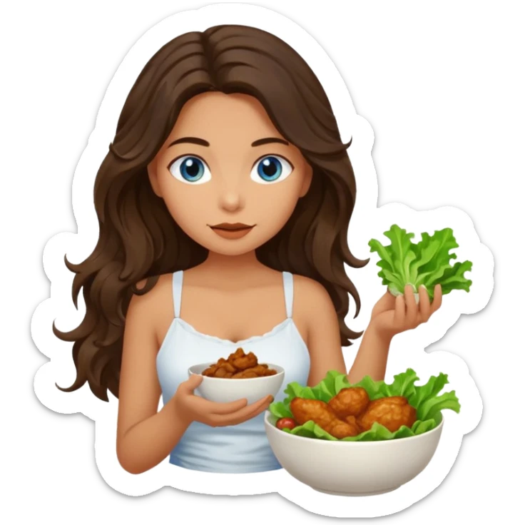 Girl with olive skin, blue eyes, brown dark insanely wavy long hair, white camisole eating a bowl of lettuce and chicken sticker
