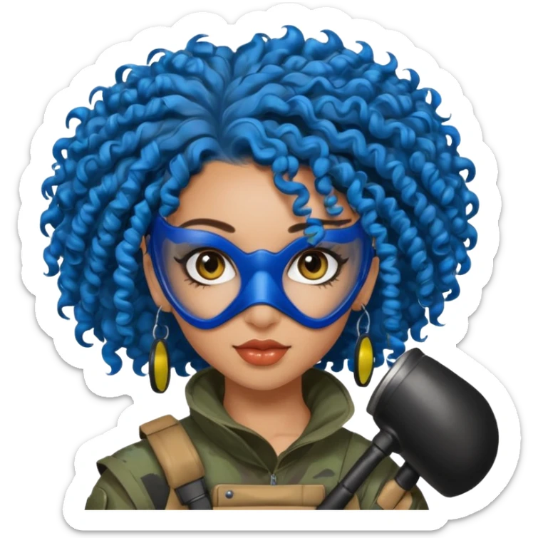 blue curly haired paintball player girl with huge earrings, wearing paintball mask sticker