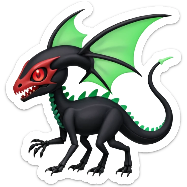 Obsidian-black and neon-glowing-green skeletal Meloetta-Salandit-Gorebyss-Salazzle-Pokémon-Fakémon-creature-fusion-hybrid with glowing crimson-red evil slit eyes sticker