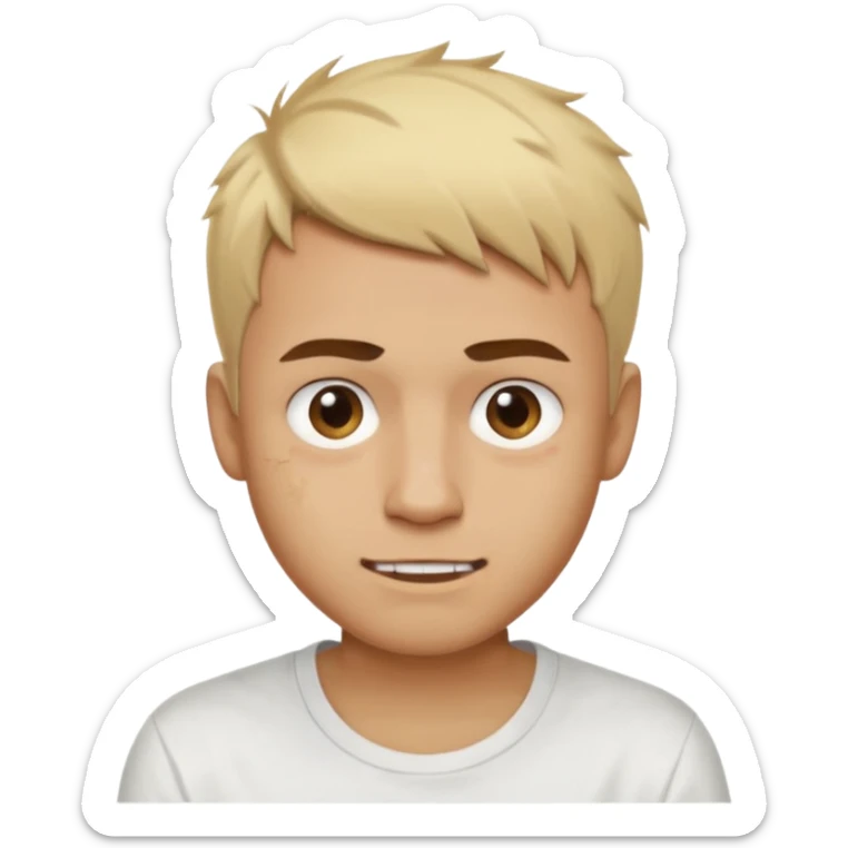 Male with short, messy blonde buzzstyle hair, large expressive golden-brown eyes, brown skin, subtle facial bruises and scratches, crooked smile showing slightly damaged teeth, wearing a plain white t-shirt. sticker