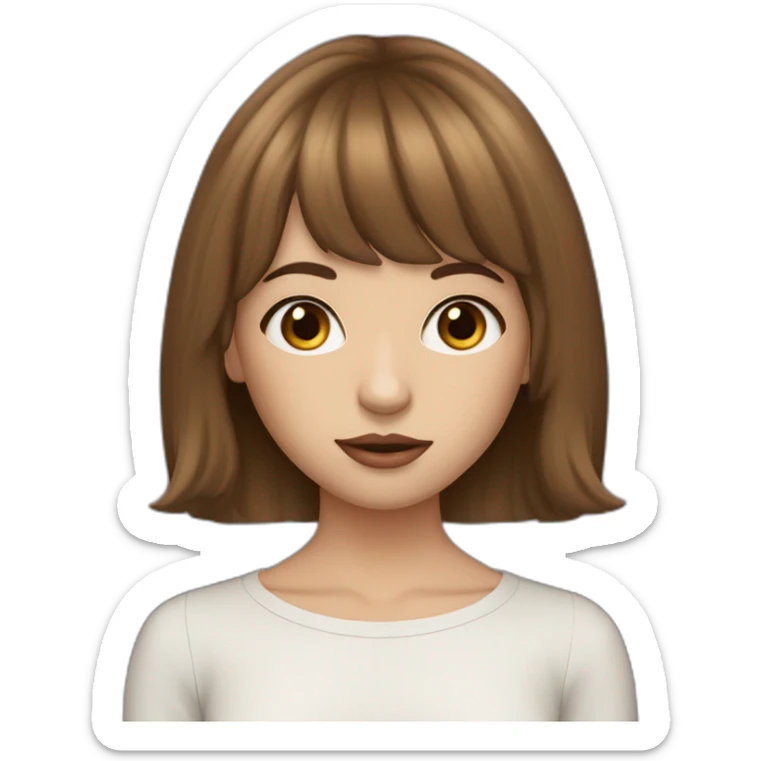 long brown hair skinny girl with curtain bangs, thin face and makeup from head to chest sticker