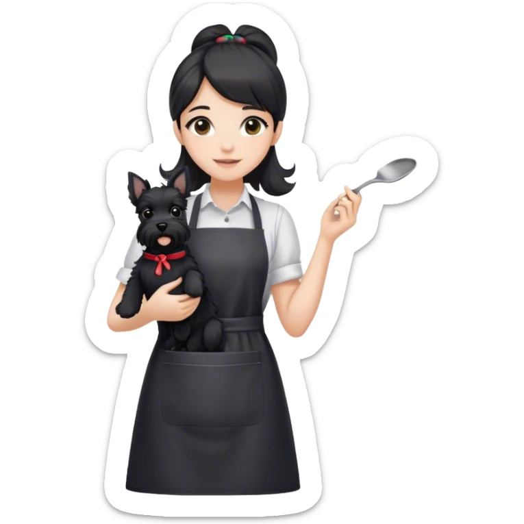 pale smiling girl with long back hair wearing black long shirt wearing apron holding black  schnauzer sticker