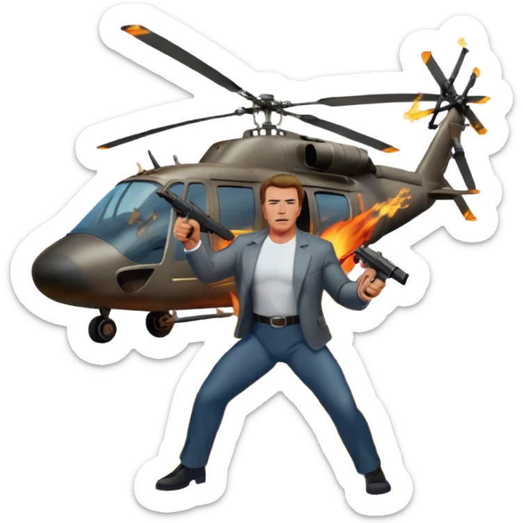Icon for Action Movies: Arnold Schwarzenegger in the lead role, in an intense action pose with weapons, explosions, a car and helicopter flying out of flames in the background. The design should capture the explosive energy and heroism of classic action films. Transparent background. sticker