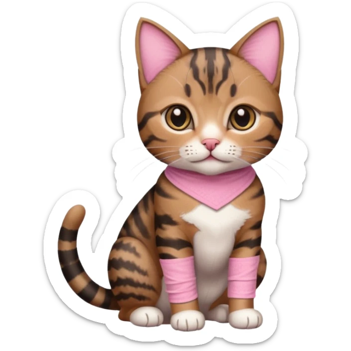 a young female brown and black tabby cat, with a pink bandage on her front paw, sticker
