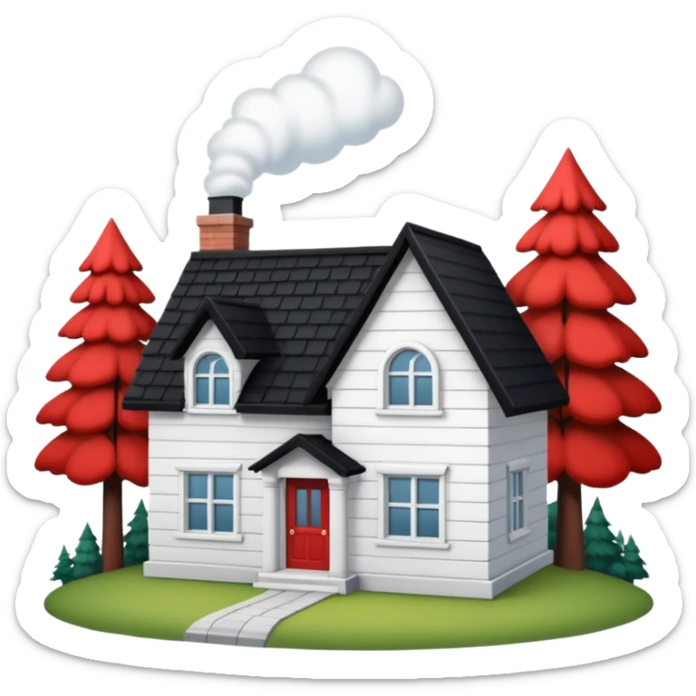 a one-story house with a forest background. The house is to have a white façade with red brick inserts.  the roof is to be black, gable. sticker