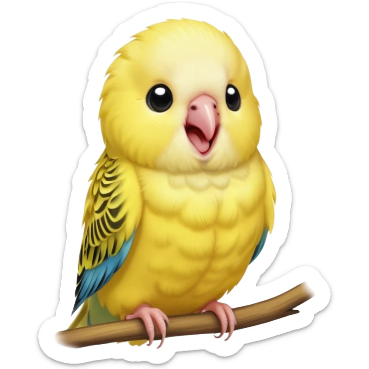 Cinematic Cute Yawning Yellow Budgie Portrait Emoji, Head tilted slightly with a dramatic, wide-open yawn, showcasing a soft, downy yellow feathered fur with gently drooping wings, round dark eyes barely open in drowsy contentment, Simplified yet irresistibly adorable features, highly detailed, glowing with a soft, cozy glow, high shine, relaxed yet expressive, stylized with a touch of whimsy, bright and endearing, soft glowing outline, capturing the essence of a sleepy yet affectionate budgie, so drowsy it feels like it could stretch out of the screen and curl up for a nap! sticker