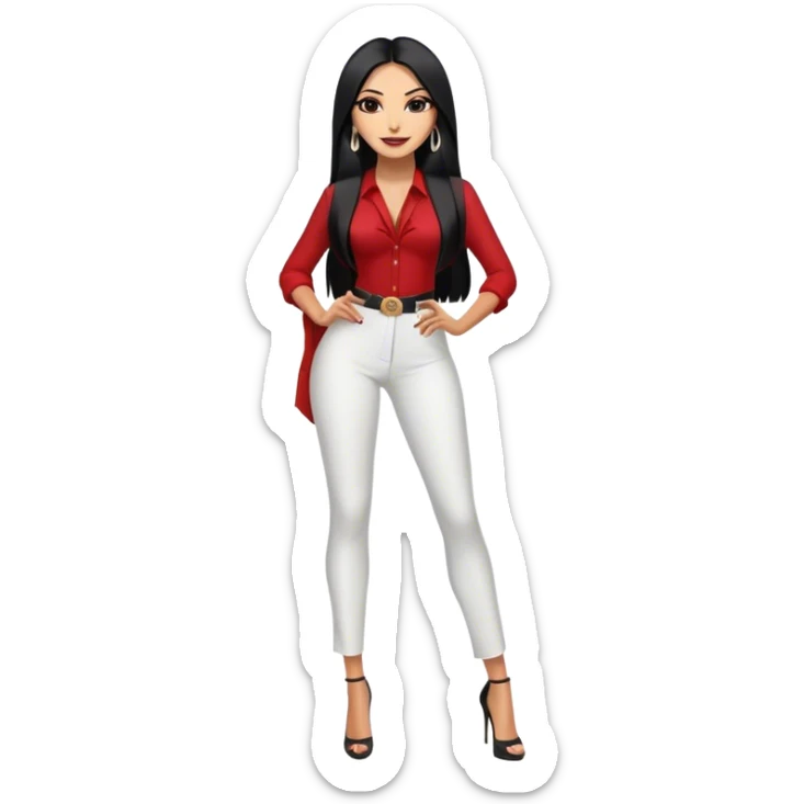 beautiful woman boss, with long straight black hair, with make up, black eye liner, smile, mexican, brown skin, wearing beautiful sexy outfit and white earings, she stand up, full body sticker