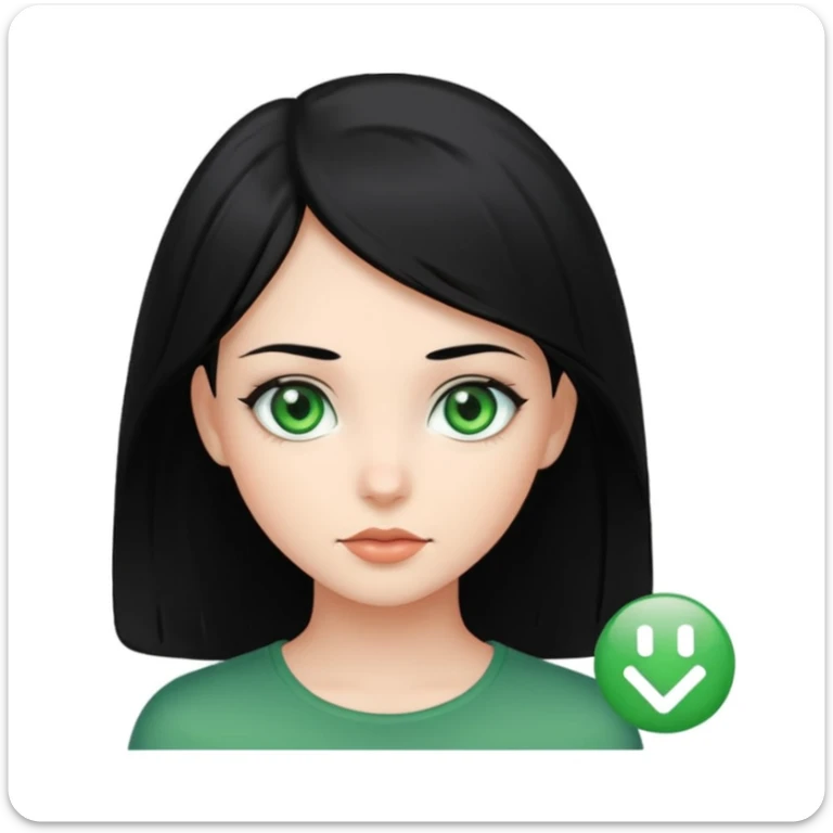 girl with black hair and green eyes, iOS app icon style, subtle shadows, glossy finish, white background sticker