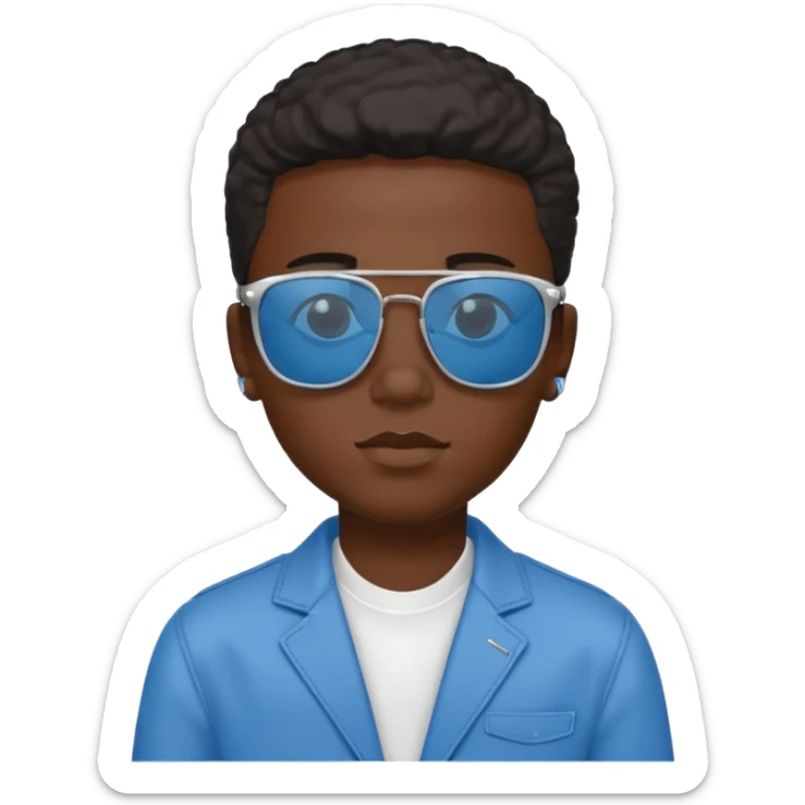 Un garçon noir avec des lunettes de soleil un peu bleu avec un cadran plutôt carré et SANS QU’ON VOIT SES YEUX. Et au dessus de sa tête il y a écrit BOUSs on dois pas voir ses yeux sticker