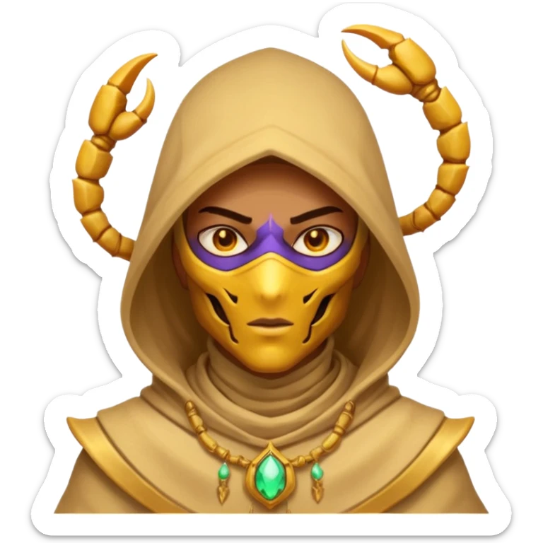 desert sand mage portrait, head and shoulders only, scorpion-themed hood, golden desert jewelry, swirling sand aura, glowing eyes, fantasy vibe, 3D cartoon, mobile game icon style, clean background, no text, no watermark
 sticker