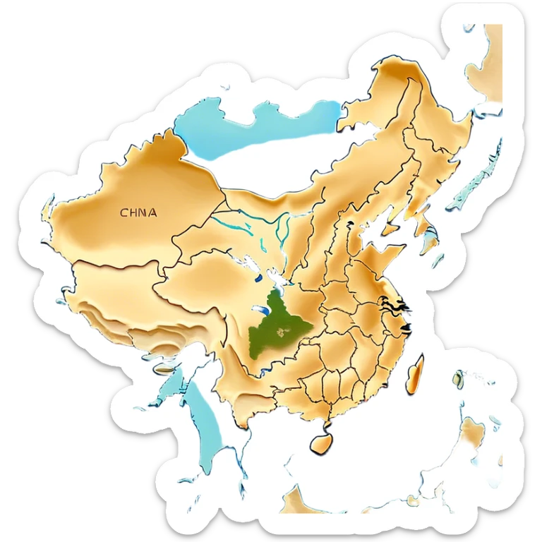Cinematic-realistic outline of china, featuring its distinct landmass with accurately defined coastlines. The deep blue ocean surrounds the golden-brown continent, with subtle topographic shading to highlight its terrain. A soft glowing effect enhances the edges, making the shape stand out against a neutral, textured background. sticker