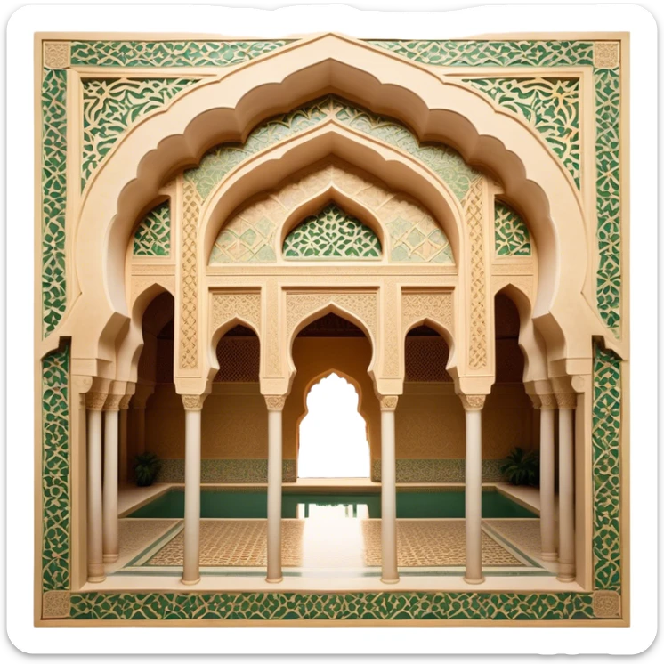 Alhambra – Cinematic Realistic Alhambra, depicted as a majestic Moorish palace with intricately carved arches, lush courtyards, and detailed tile work, bathed in soft golden light and dynamic shadows that highlight its opulent historical beauty. sticker