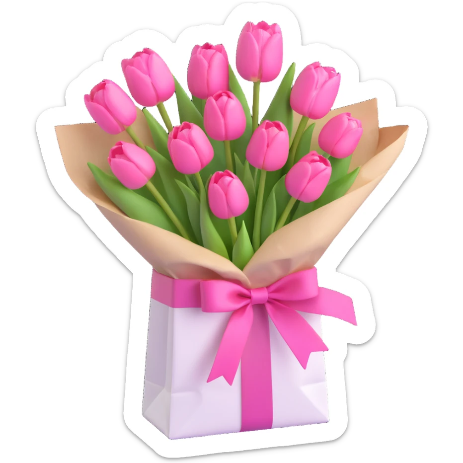 pink tulips bouquet in a crisp white paper bag, tied with a pastel pink ribbon, soft pastel palette, subtle shadows, minimal and clean, 3D iOS emoji style sticker