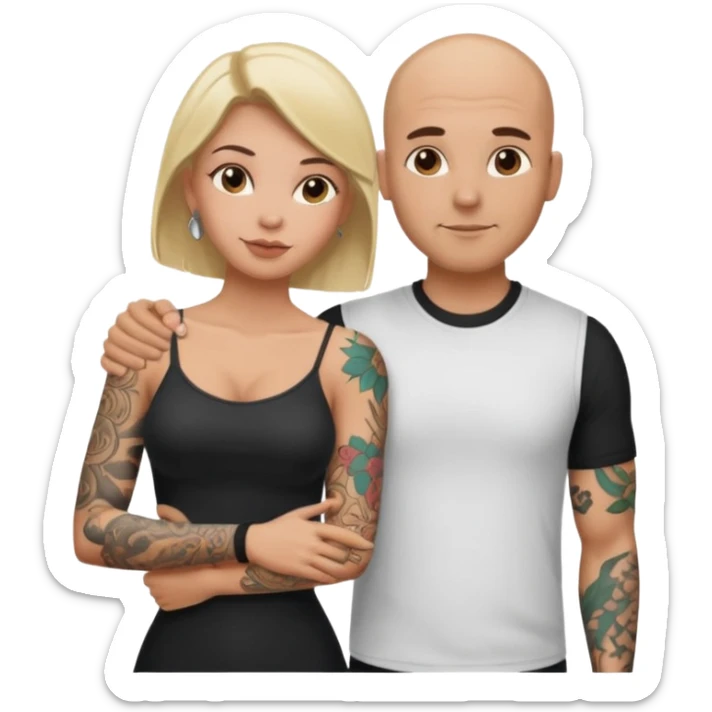 throuple tattooed sleeves bbald male with topless naked big boobed brunette and topless naked big boobed blonde girlfriends  lovingl  and sexy polygamy  sticker