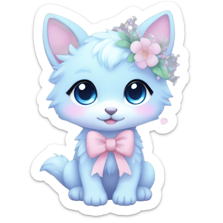 Anthro Cute Cool Blushing Pastel Innocent Shy Kawaii gorgeous sparkly ethereal fantasy anime animal creature with blue eyes furry sona with flowers and ribbons beautiful aesthetic sticker