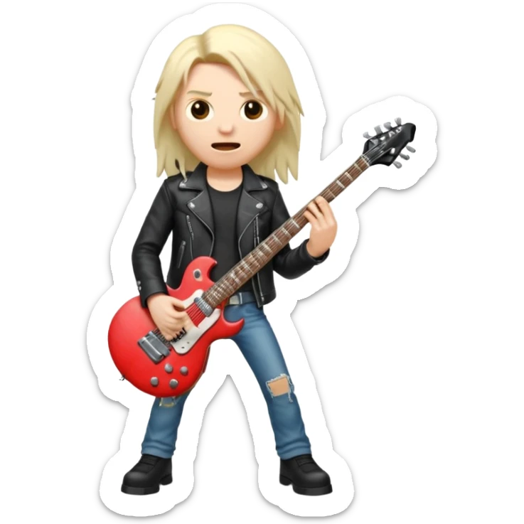 3D Apple-style emoji of a metal musician holding an electric guitar with a bold "ROCK" sign above. Long hair, black leather jacket, ripped jeans, intense expression. Rounded, glossy, smooth, soft shadows, white background.











 sticker