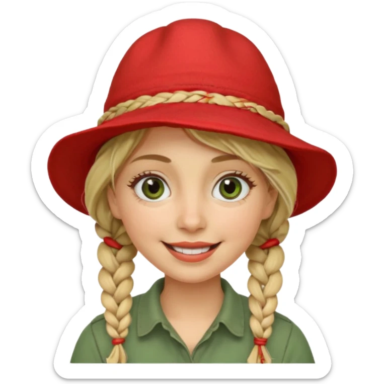messy green clay mask and red tourist hat blond braided woman big eyes smiling sticker