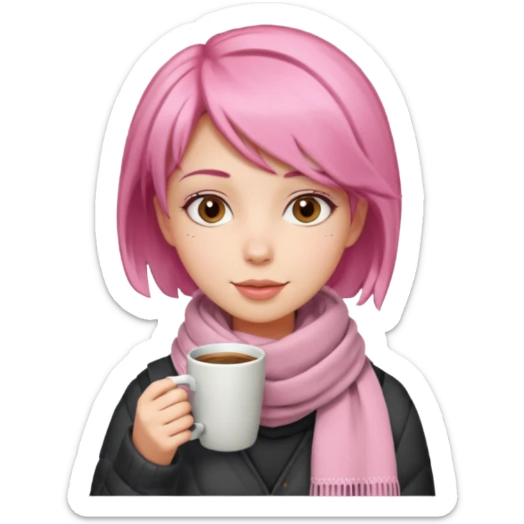 a girl with pink short layer hair, having scarf,  drink coffee, enjoy sticker