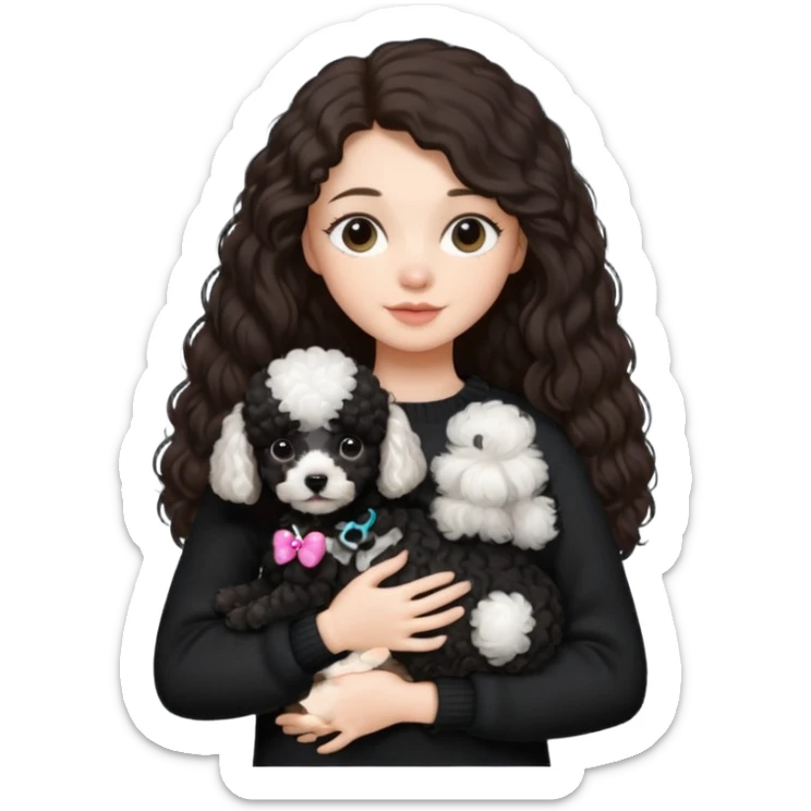 One Brunette girl with long hair in a black sweater holds a single black Poodle puppy in her arms sticker