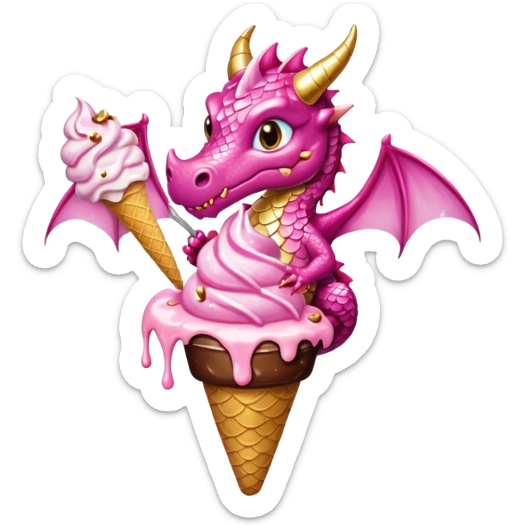 A dragon in pink tones with its wings, pink and golden legs, and shiny glitter, eats a vanilla and chocolate ice cream. sticker