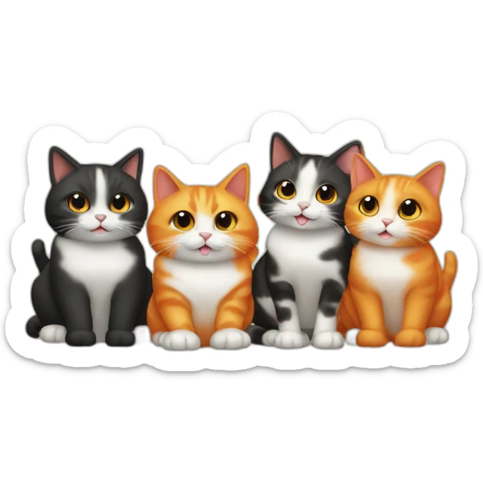 A group of cats, 3 are black, 1 is orange and white, 1 is orange, and 1 is tortoise colored sticker