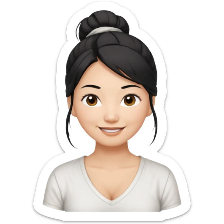 asian mom with long black hair tied in up in a messy bun and big brown eyes emoji in a white v neck shirt sticker