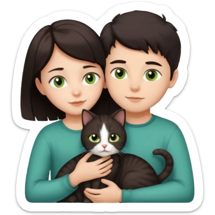 Crea un emoji donde salga un chico de pelo moreno con los ojos claros, una chica de pelo morena con los ojos marrones y UN gato europeo comun de pelaje oscuro y ojos verde claro, quiero que se esten abrazando el chico y la chica, y el gato este en el medio sticker
